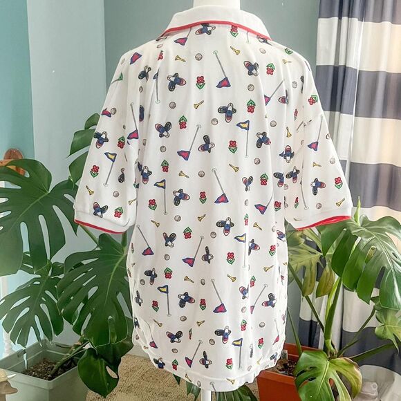 Vintage 90s Classic Elements golf print white and multi-coloured polo shirt L - Picture 4 of 8